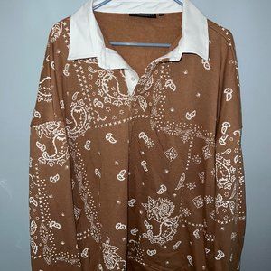 2X Collared Brown Bandana Print Shirt